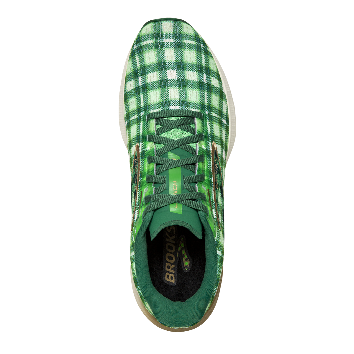 Brooks Launch 10 Run Lucky — Toucan - Verdant - Vanilla — Size B — Width 7 — Back View