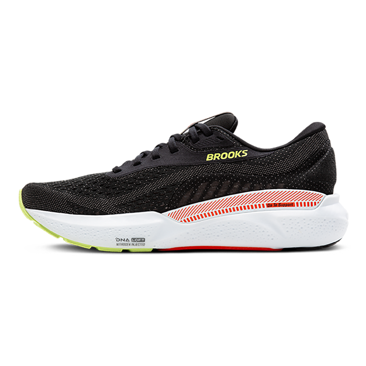 Brooks Adrenaline GTS 24 Black - Mandarin Red - Green — Black - Mandarin Red - Green — Size D — Width 10.5 — Side View
