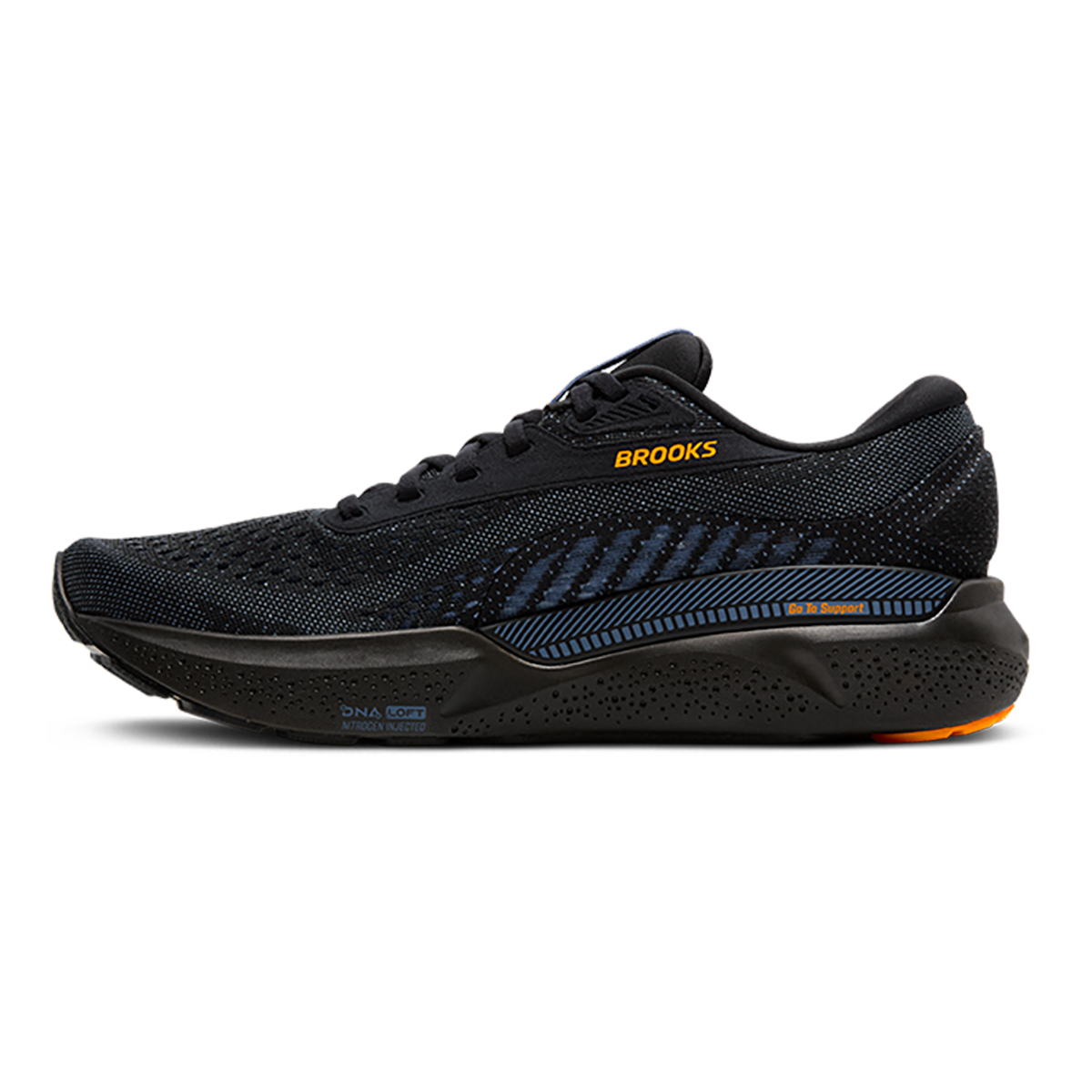 Brooks Adrenaline GTS 24 Black - Country Blue - Orange — Black - Country Blue - Orange — Size D — Width 7 — Side View