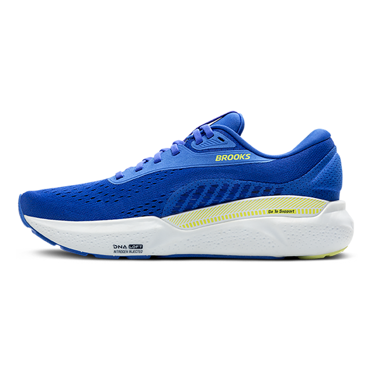 Brooks Adrenaline GTS 24 Cobalt - Neo Yellow - Peacoat — Cobalt - Neo Yellow - Peacoat — Size D — Width 7 — Side View