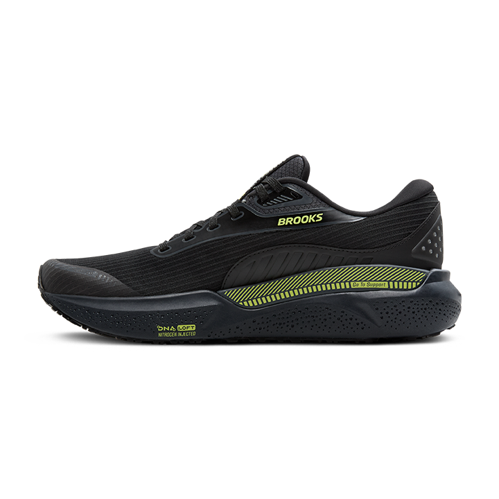 Brooks Adrenaline GTS 24 Weatherized — Black - Ebony - New Yellow — Size D — Width 8.5 — Side View