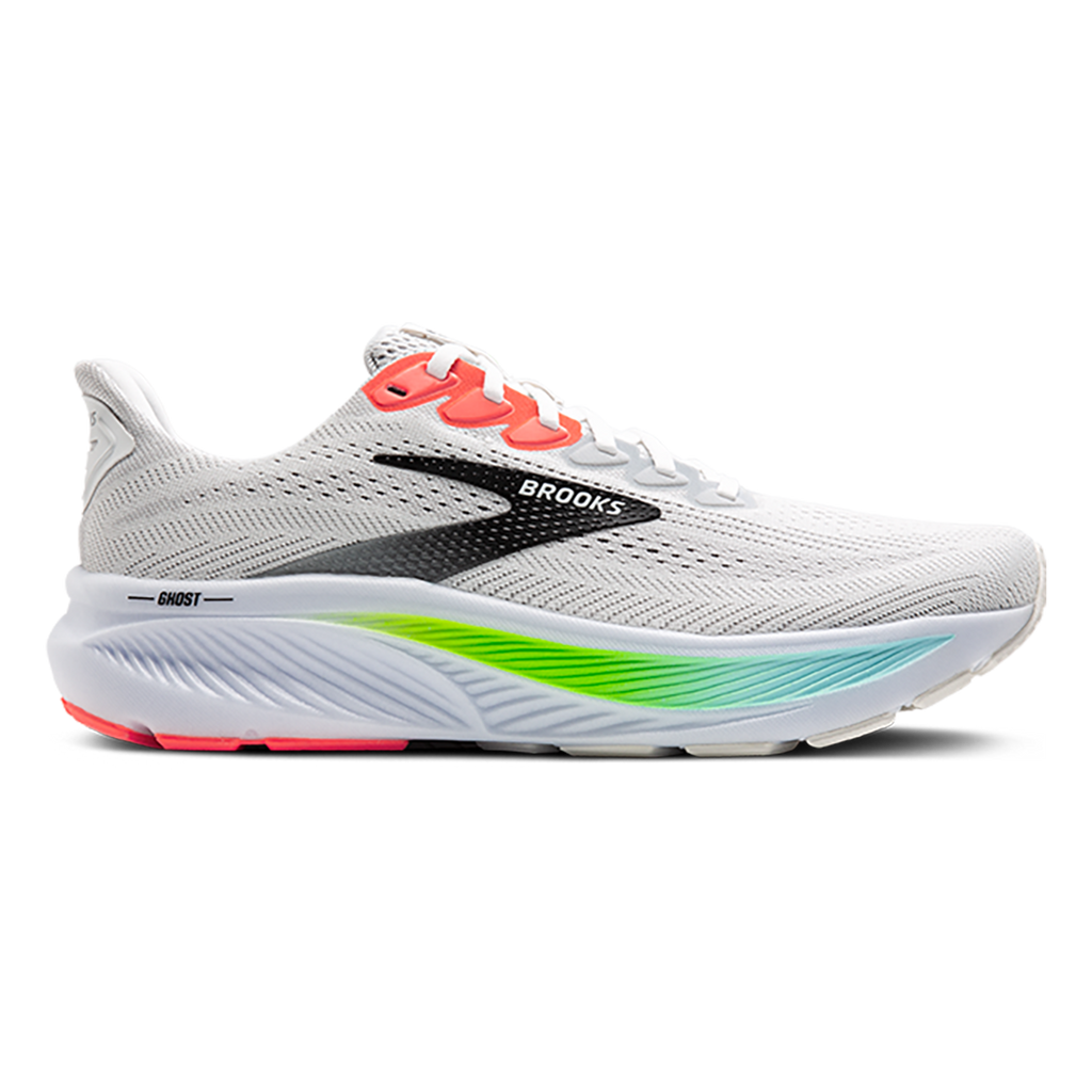 Brooks Ghost 17 — White - Pink Clay - Gecko — Size D — Width 7 — Front View