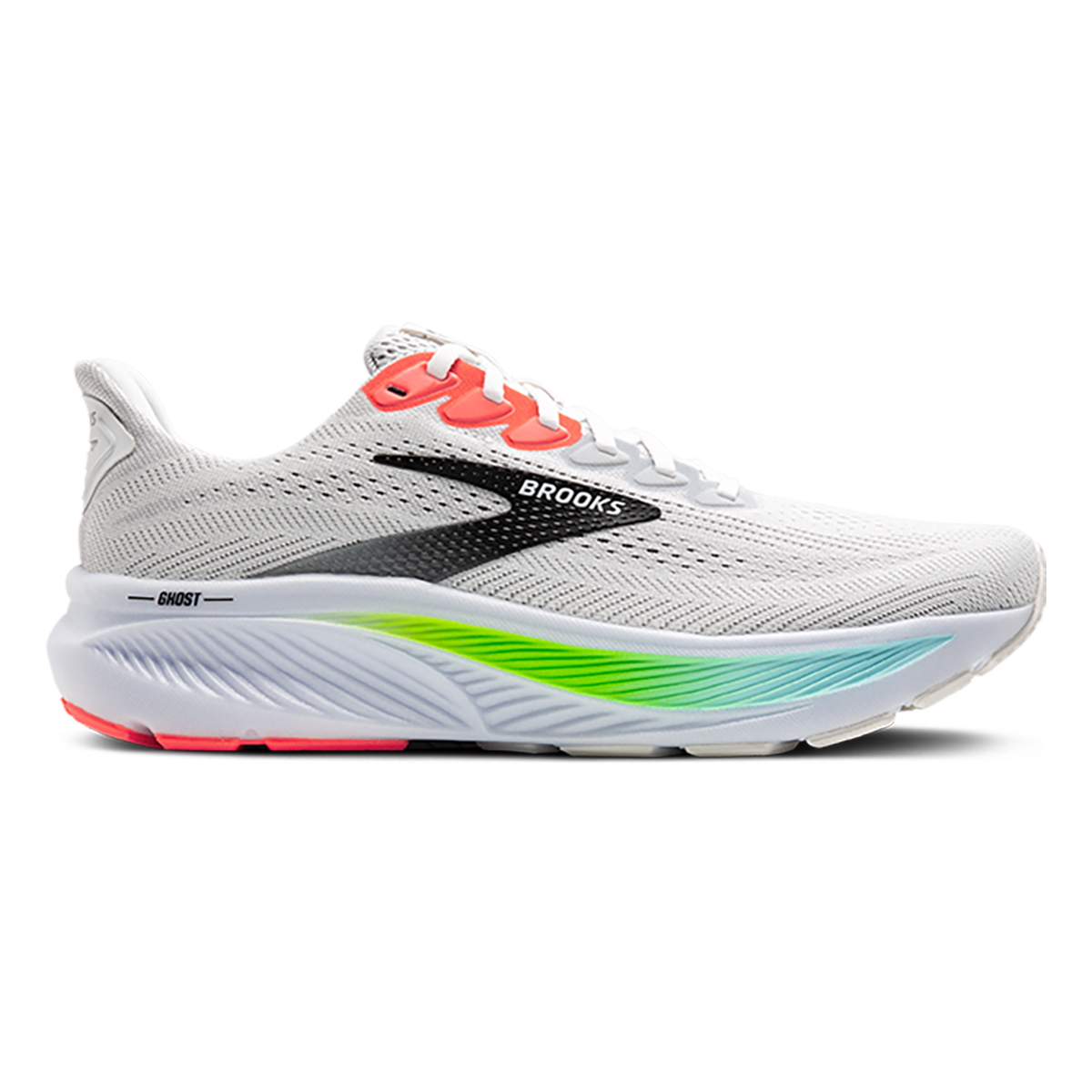 Brooks Ghost 17 — White - Pink Clay - Gecko — Size D — Width 7 — Front View