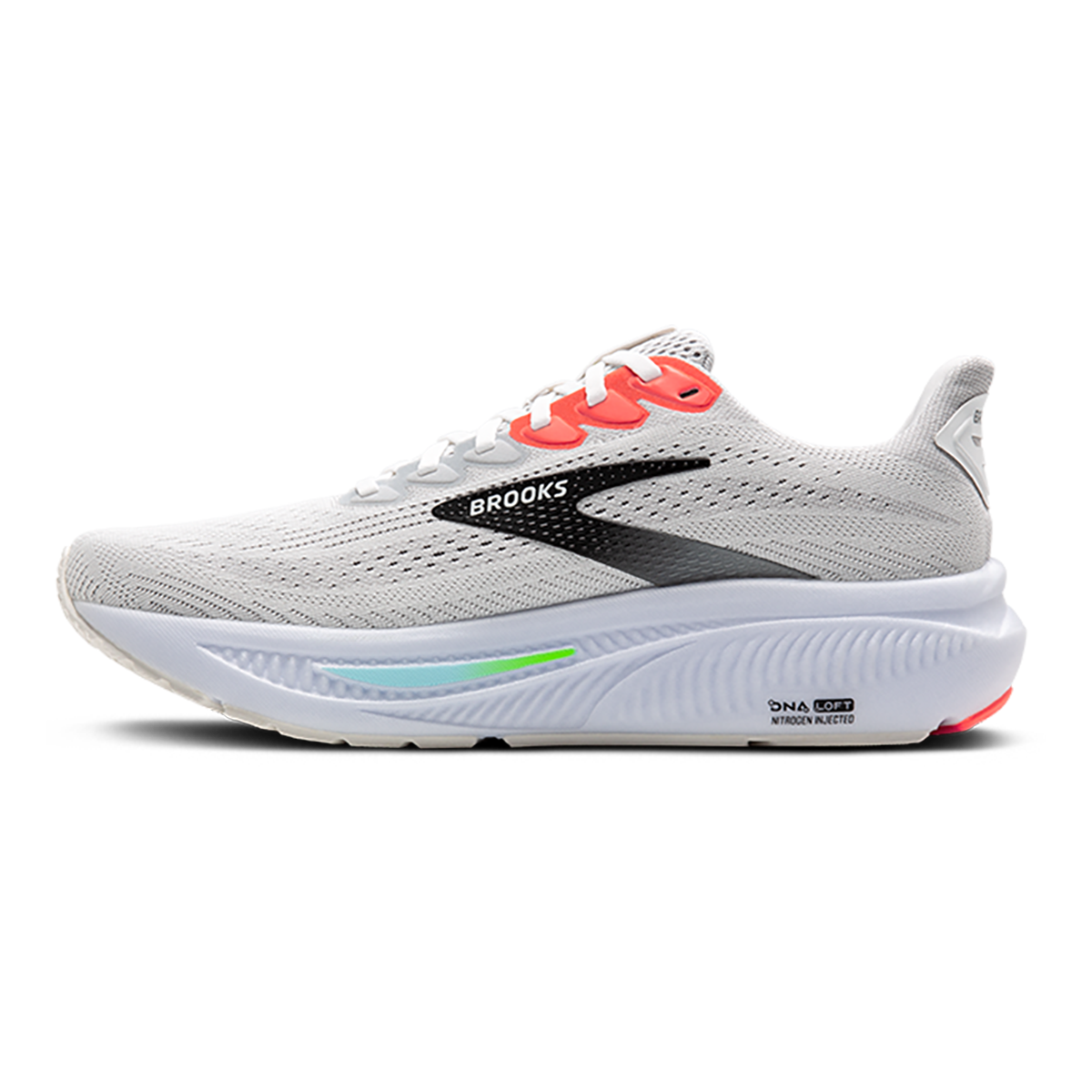 Brooks Ghost 17 — White - Pink Clay - Gecko — Size D — Width 7 — Side View