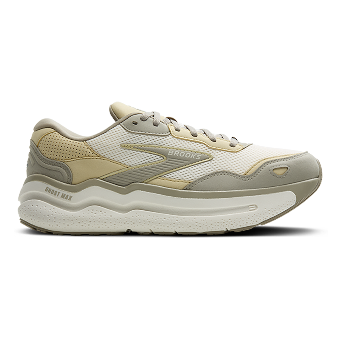 Brooks Ghost Max SE — London Fog - Green Haze - Coconut — Size D — Width 8.5 — Front View