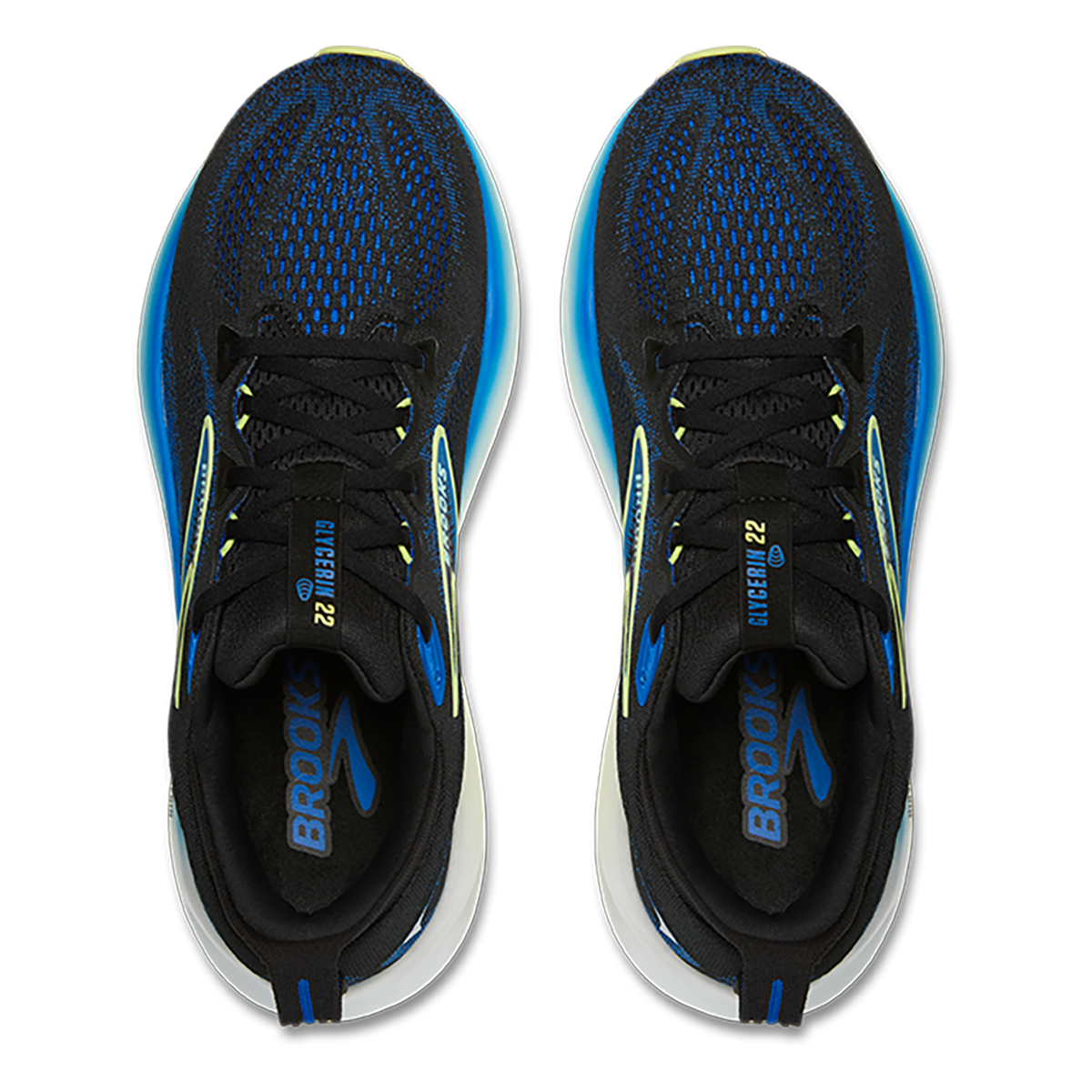 Brooks Glycerin 22 Black - Cobalt - Neo Yellow — Black - Cobalt - Neo Yellow — Size 2E — Width 8 — Back View