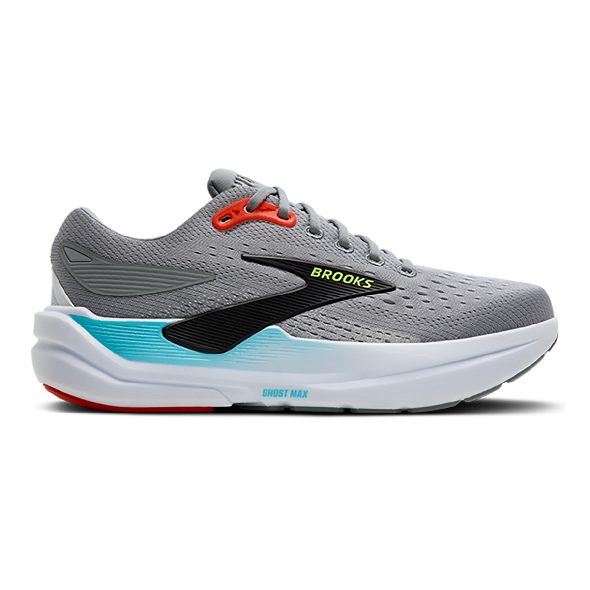 Brooks Ghost Max 3 — Primer Grey - Antarctica - Red — Size D — Width 8 — Detail View