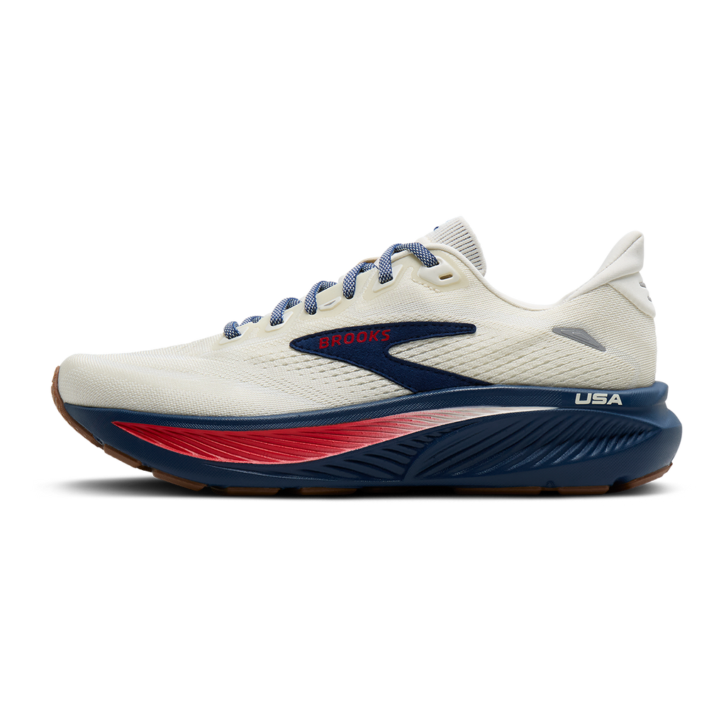 Brooks Ghost 18 USA — Coconut - Red - Blue — Size D — Width 8 — Side View