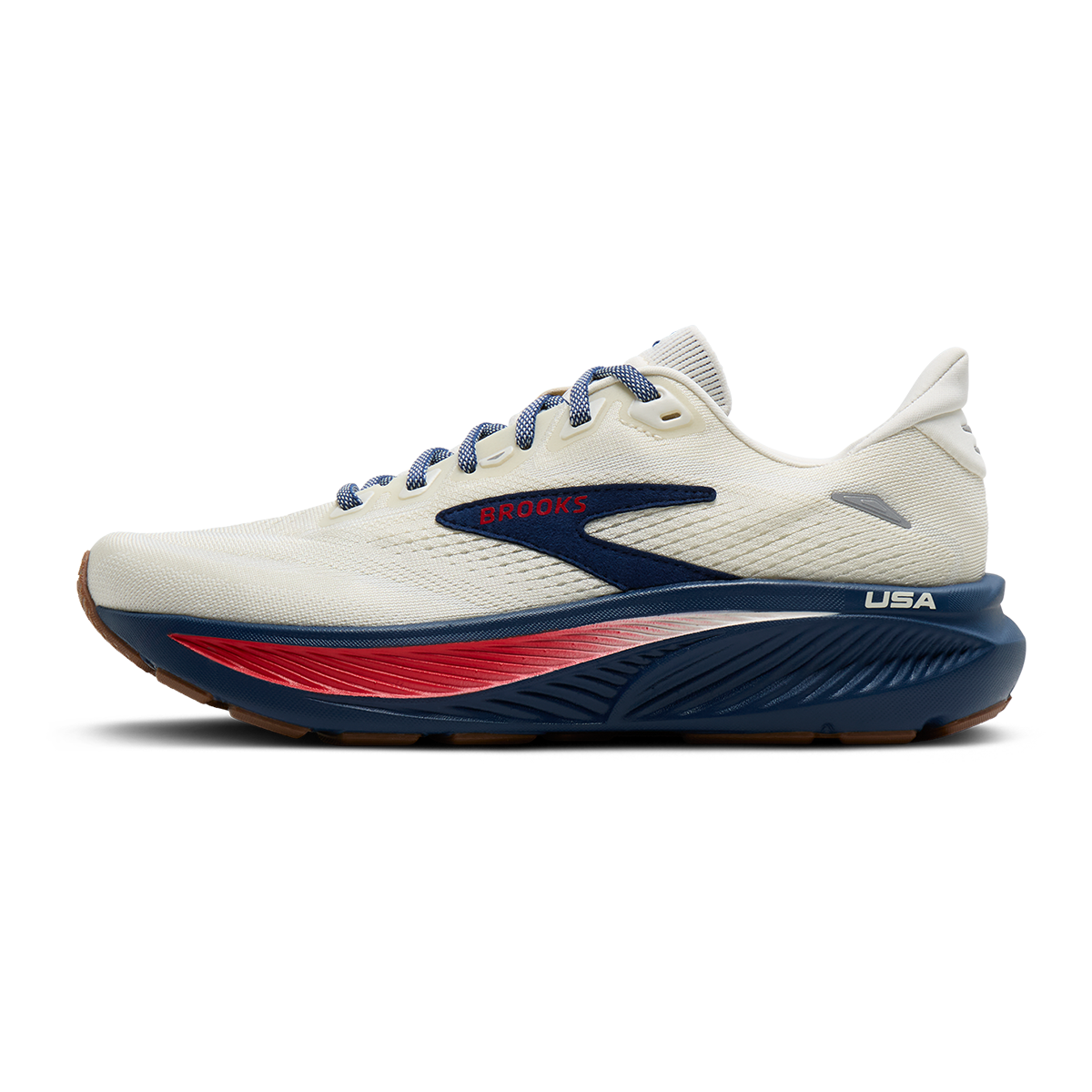 Brooks Ghost 18 USA — Coconut - Red - Blue — Size D — Width 8 — Side View