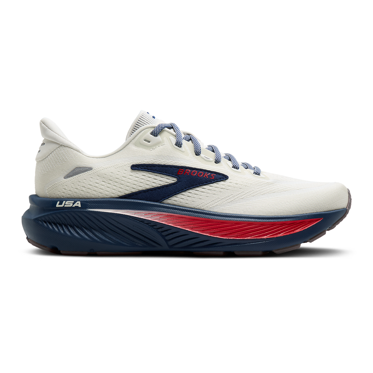 Brooks Ghost 18 USA — Coconut - Red - Blue — Size D — Width 8 — Front View