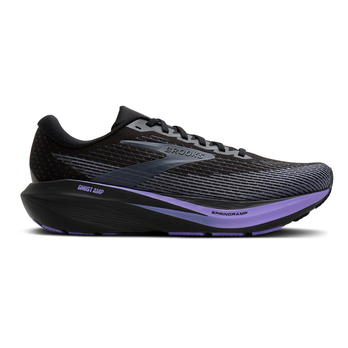 Brooks Ghost Amp — Black - Grey - Purple Hebe — Size D — Width 7 — Front View