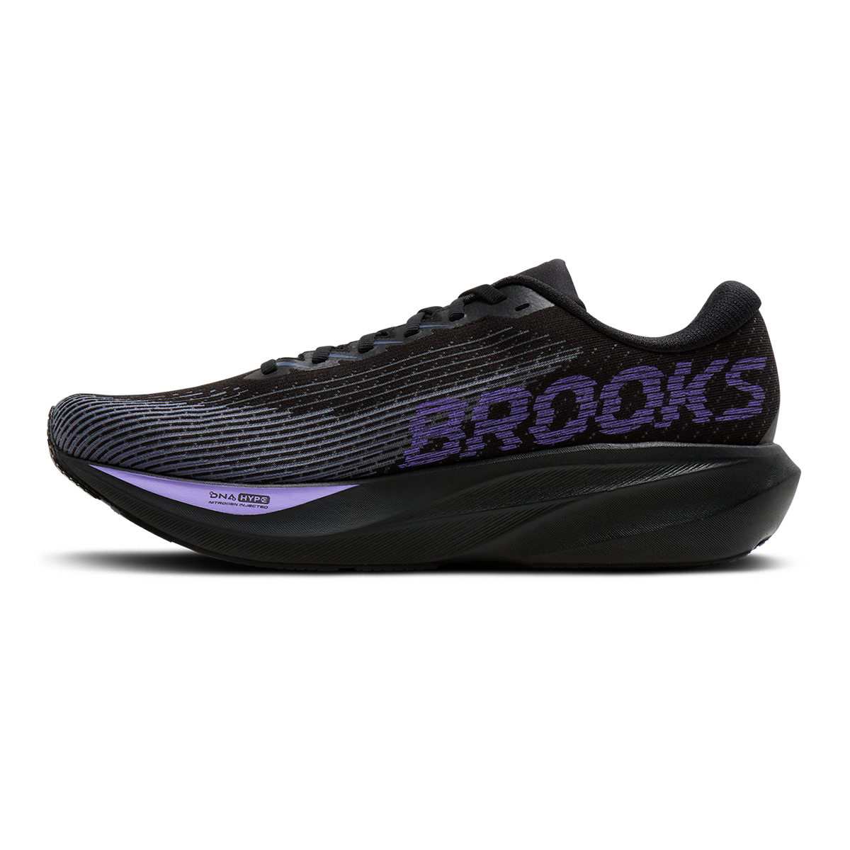 Brooks Ghost Amp — Black - Grey - Purple Hebe — Size D — Width 7 — Side View