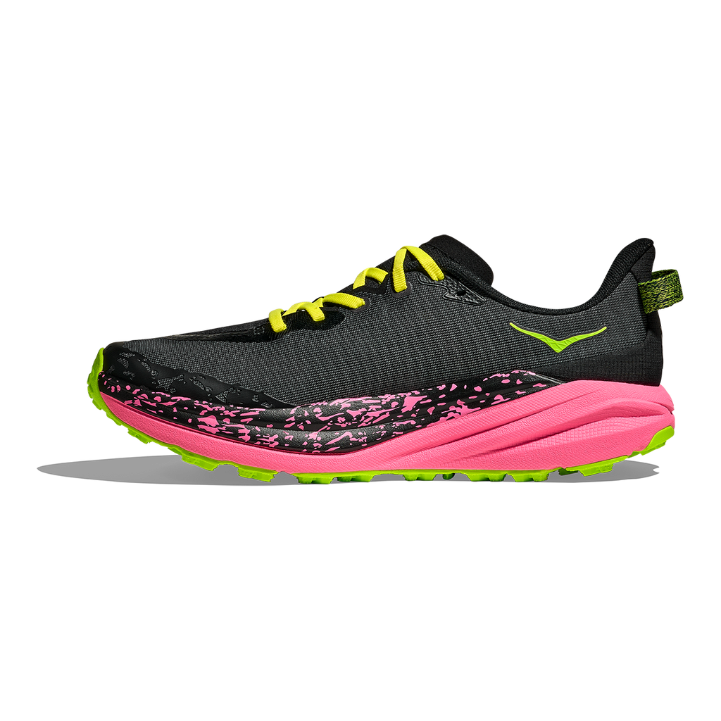 Hoka Speedgoat 6 — Black - Neon Rose — Size D — Width 7 — Side View