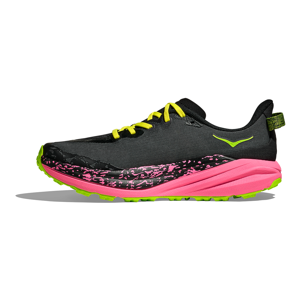 Hoka Speedgoat 6 — Black - Neon Rose — Size D — Width 7 — Side View