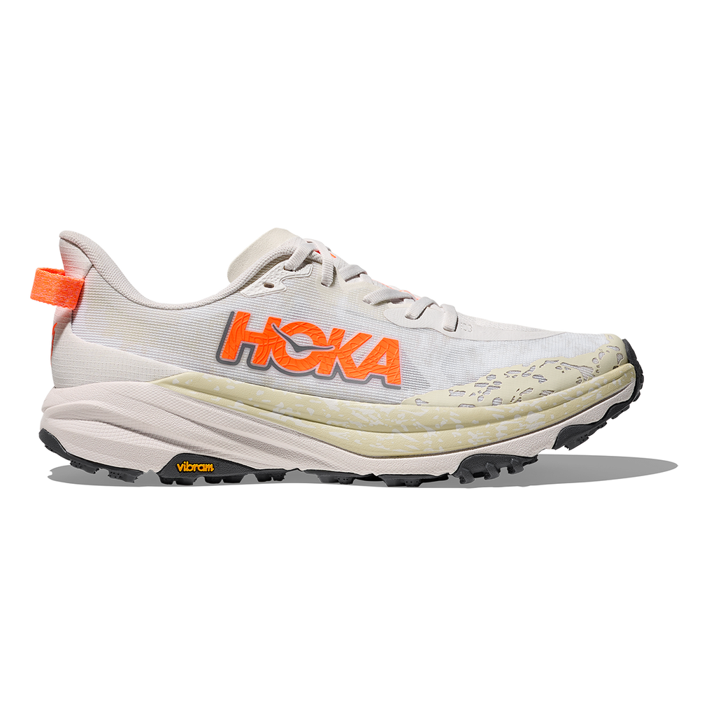 Hoka Speedgoat 6 — White - Neon Tangerine — Size D — Width 10.5 — Front View