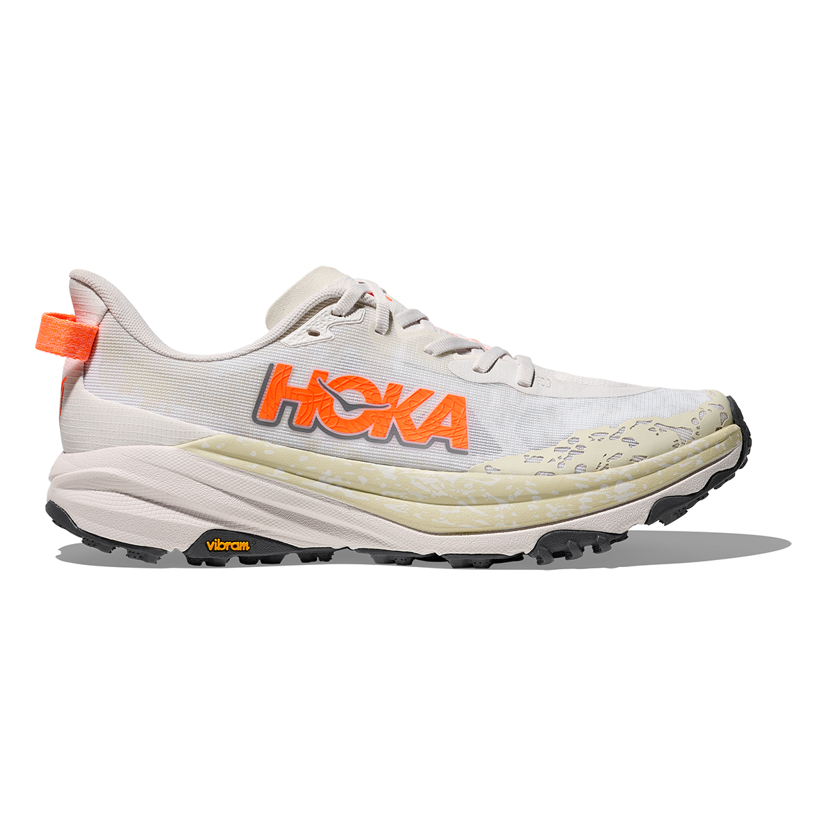 Hoka Speedgoat 6 — White - Neon Tangerine — Size D — Width 10.5 — Front View