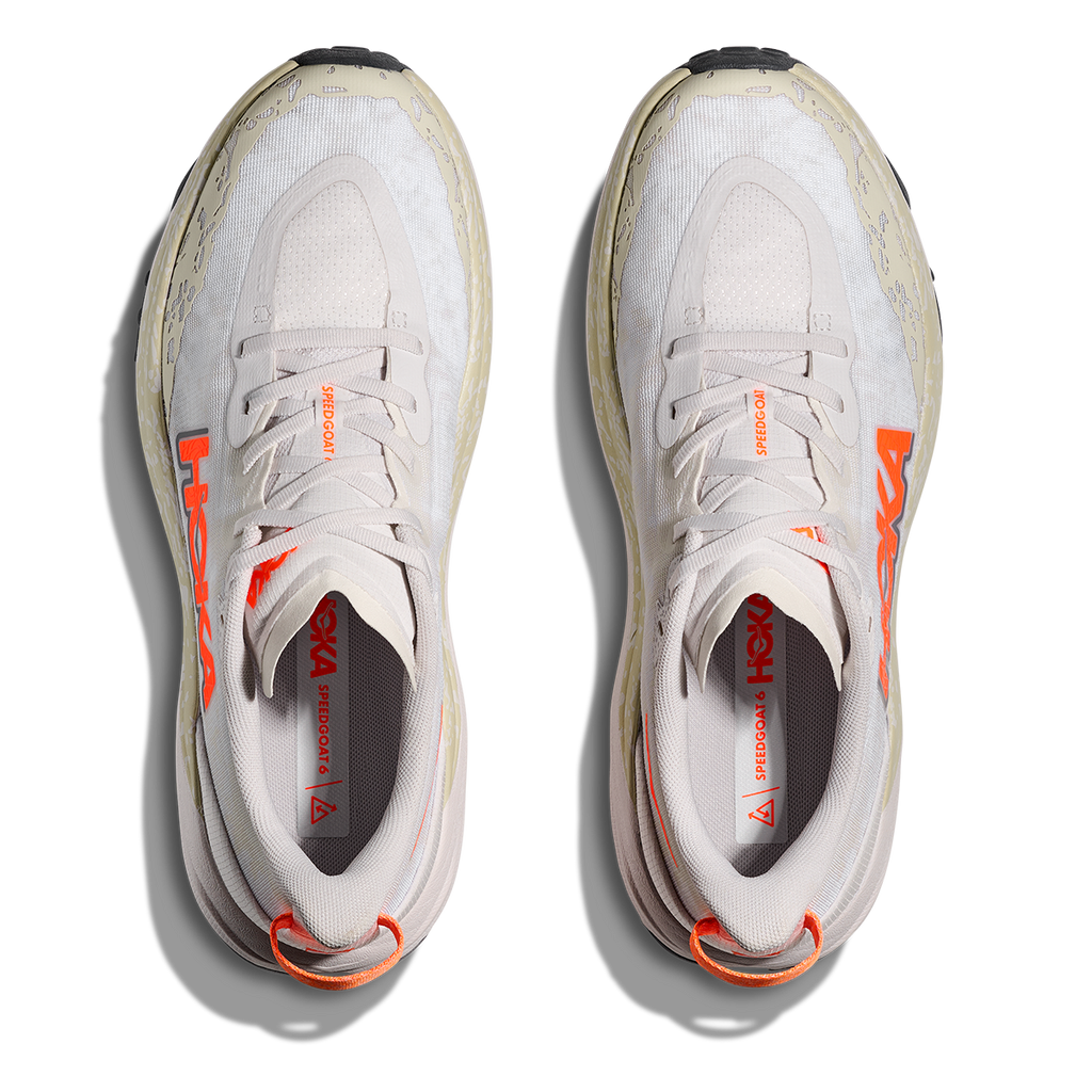 Hoka Speedgoat 6 — White - Neon Tangerine — Size B — Width 5 — Back View
