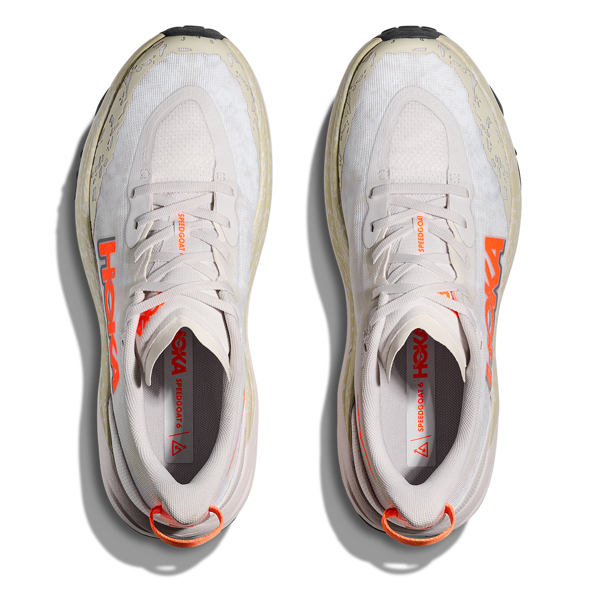 Hoka Speedgoat 6 — White - Neon Tangerine — Size B — Width 5 — Back View