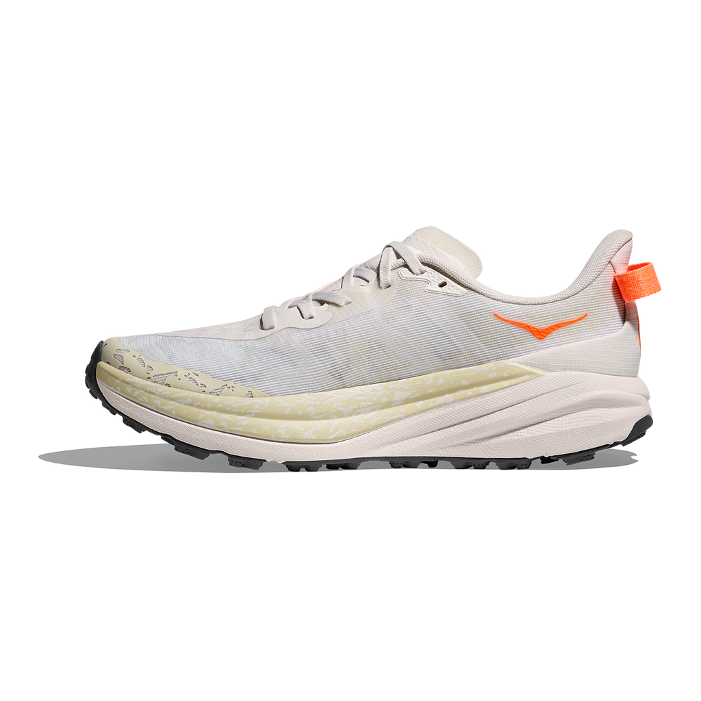 Hoka Speedgoat 6 — White - Neon Tangerine — Size D — Width 10.5 — Side View