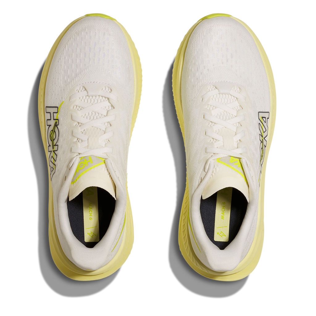 Hoka Mach 6 — White - Neon Hoka Citrus — Size B — Width 5 — Back View