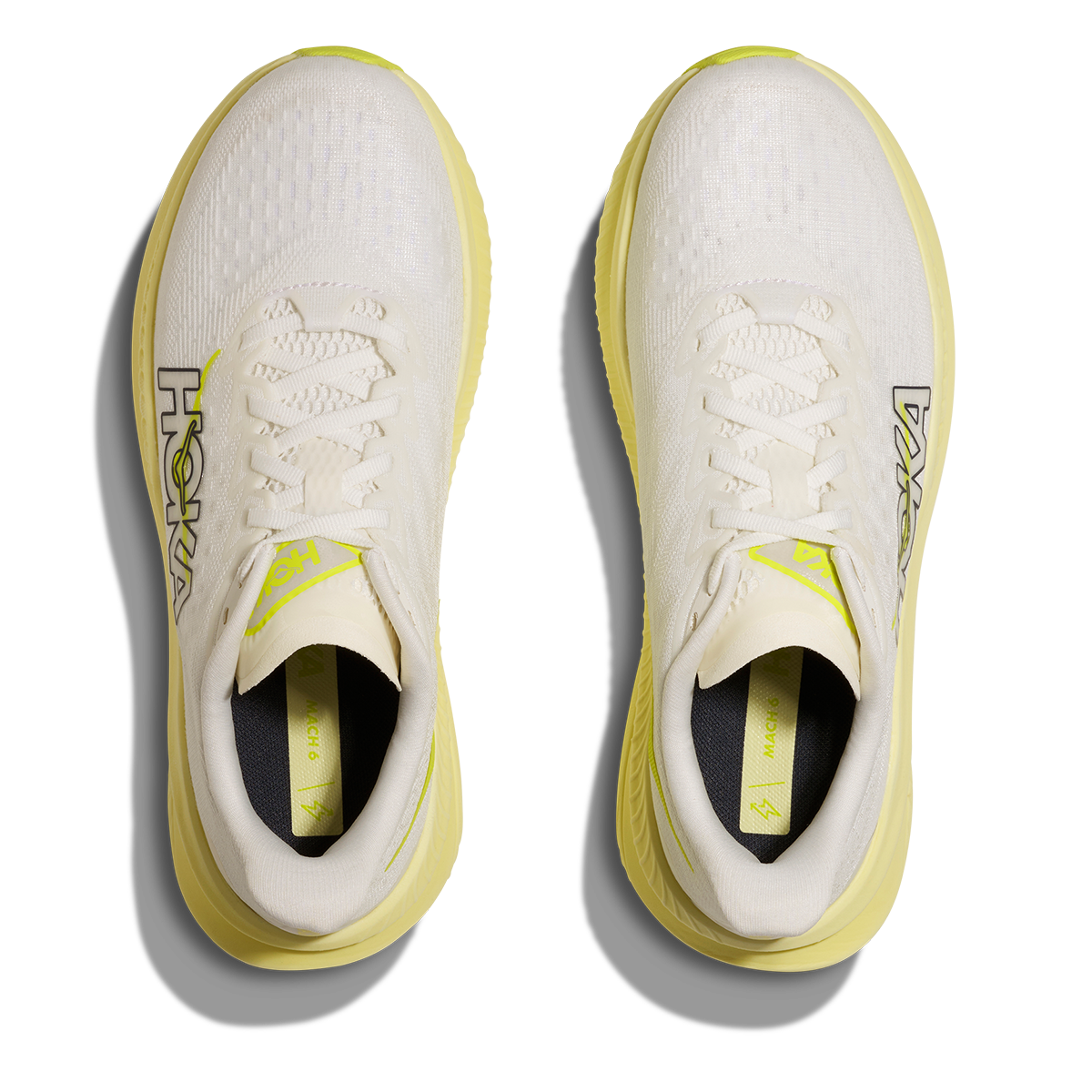 Hoka Mach 6 — White - Neon Hoka Citrus — Size B — Width 5 — Back View