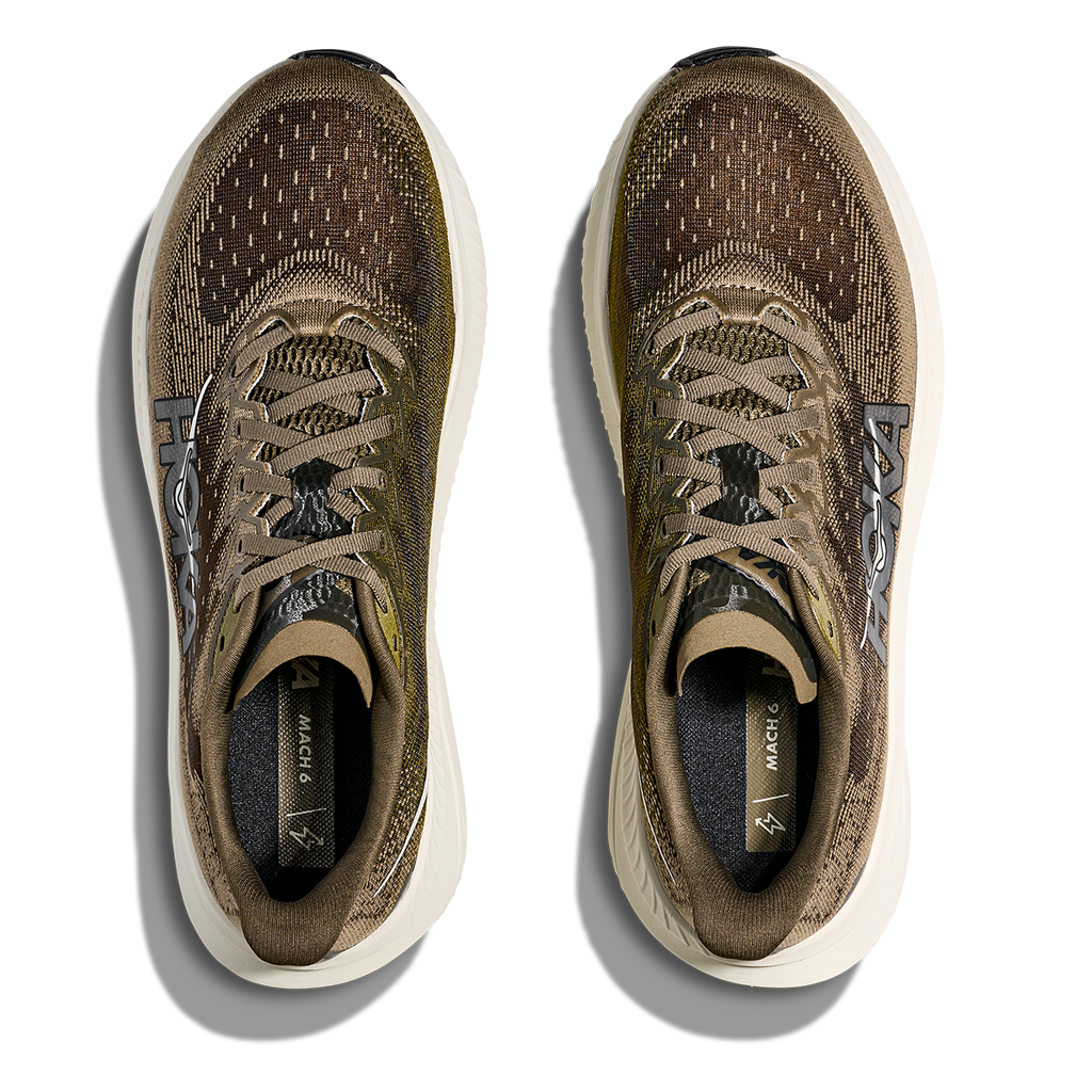 Hoka Mach 6 — Antique Olive - Truffle Salt — Size 2E — Width 7 — Back View