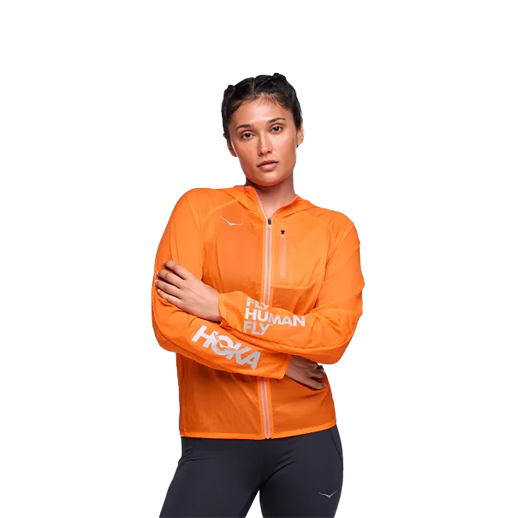 Hoka Skyflow Jacket Viz — Electric Tangerine — Size Large — Front View
