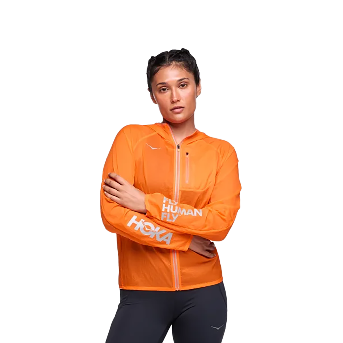 Hoka Skyflow Jacket Viz — Electric Tangerine — Size Large — Front View