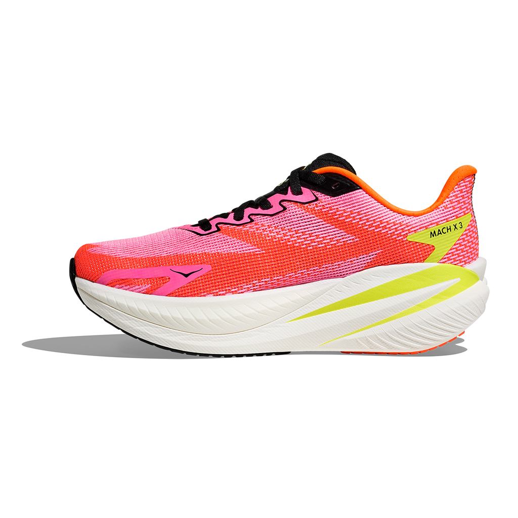 Hoka Mach X 3 — Neon Rose - Neon Tangerine — Size B — Width 6.5 — Side View