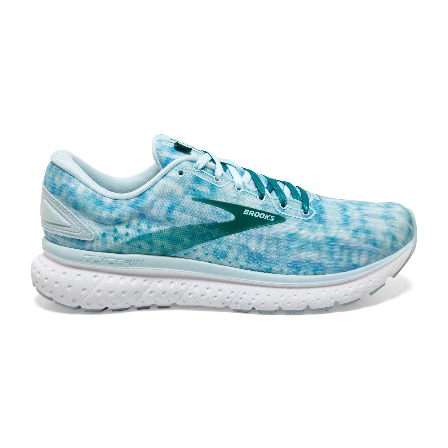 Brooks Glycerin 18 Shibori — Light Blue - Teal Green - White — Size B — Width 10.5 — Front View