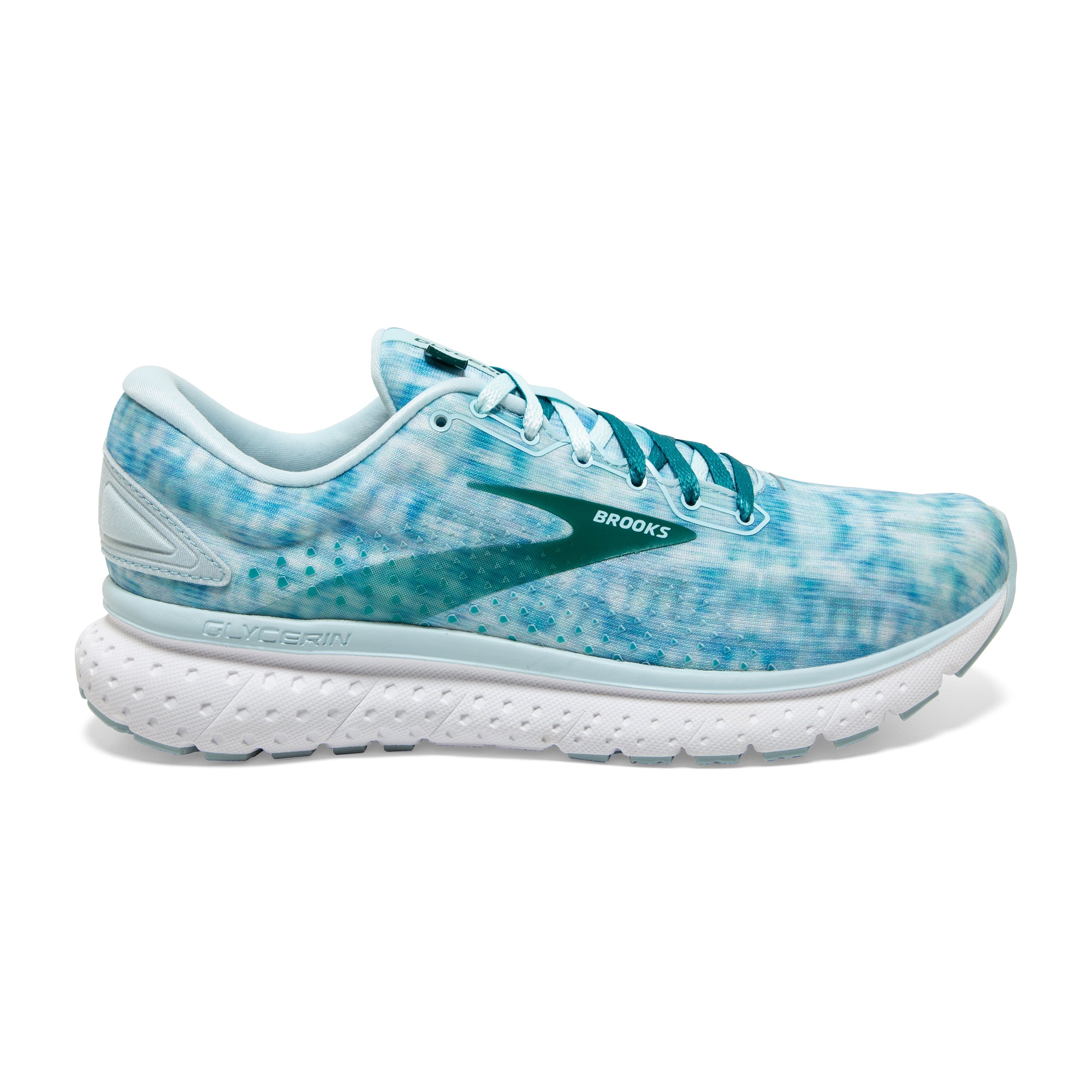 Brooks Glycerin 18 Shibori — Light Blue - Teal Green - White — Size B — Width 10.5 — Front View