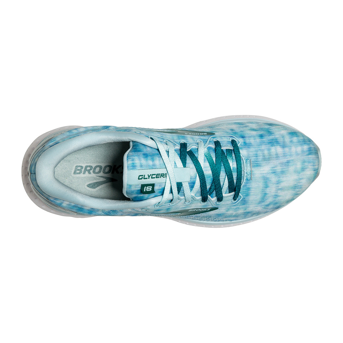 Brooks Glycerin 18 Shibori — Light Blue - Teal Green - White — Size B — Width 10.5 — Top View