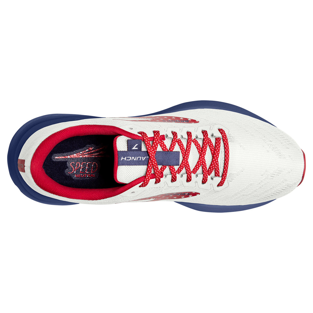 Brooks Launch 7 USA — White - Blue - Red — Size B — Width 10.5 — Lifestyle View