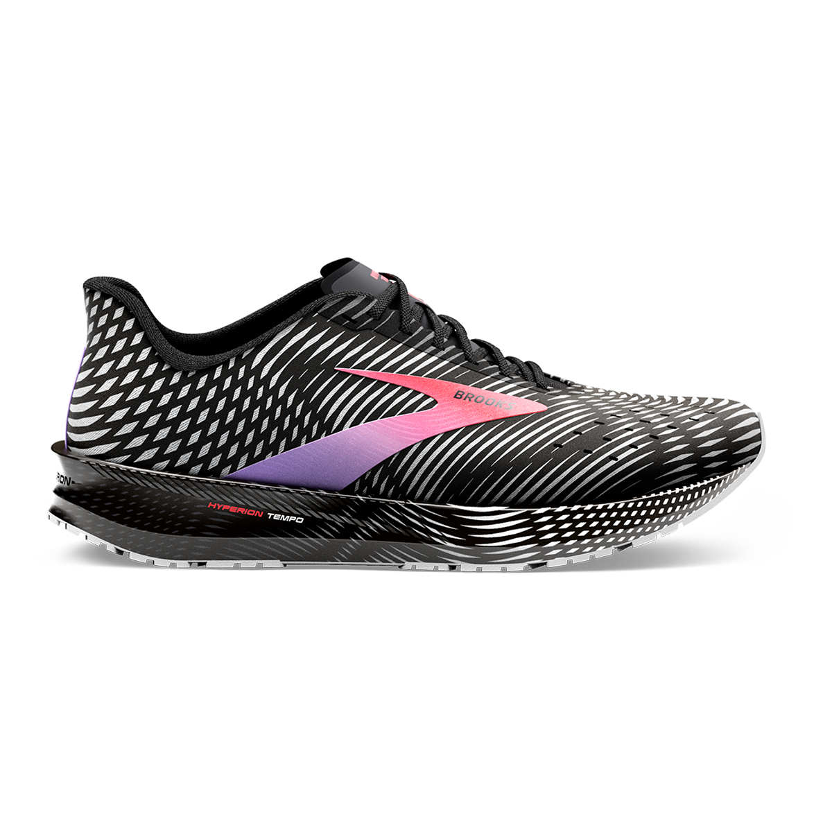 Brooks Hyperion Tempo — Black - Coral - Purple — Size B — Width 6 — Detail View