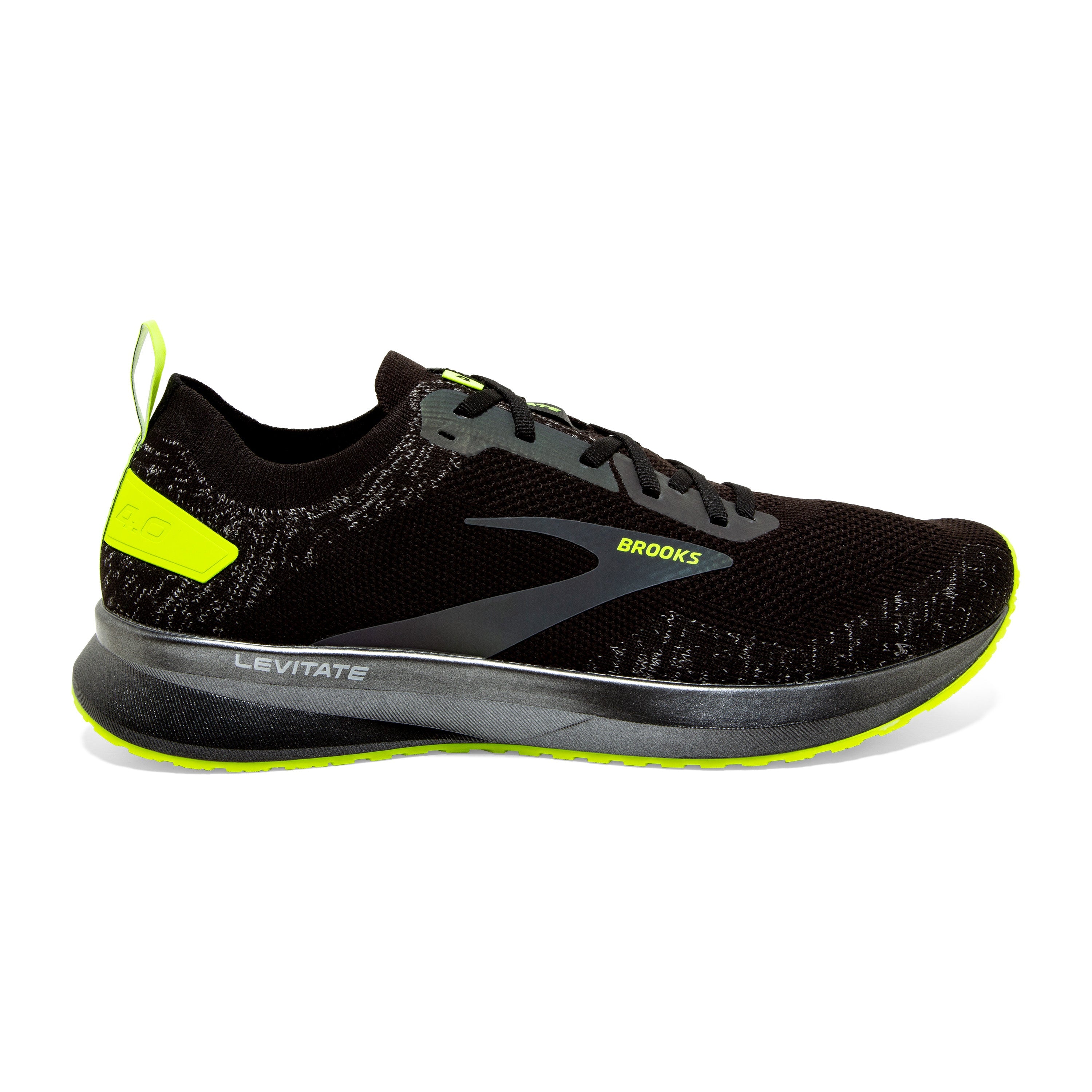 Brooks Levitate 4 Run Visible — Black - Nightlife — Size B — Width 10.5 — Front View