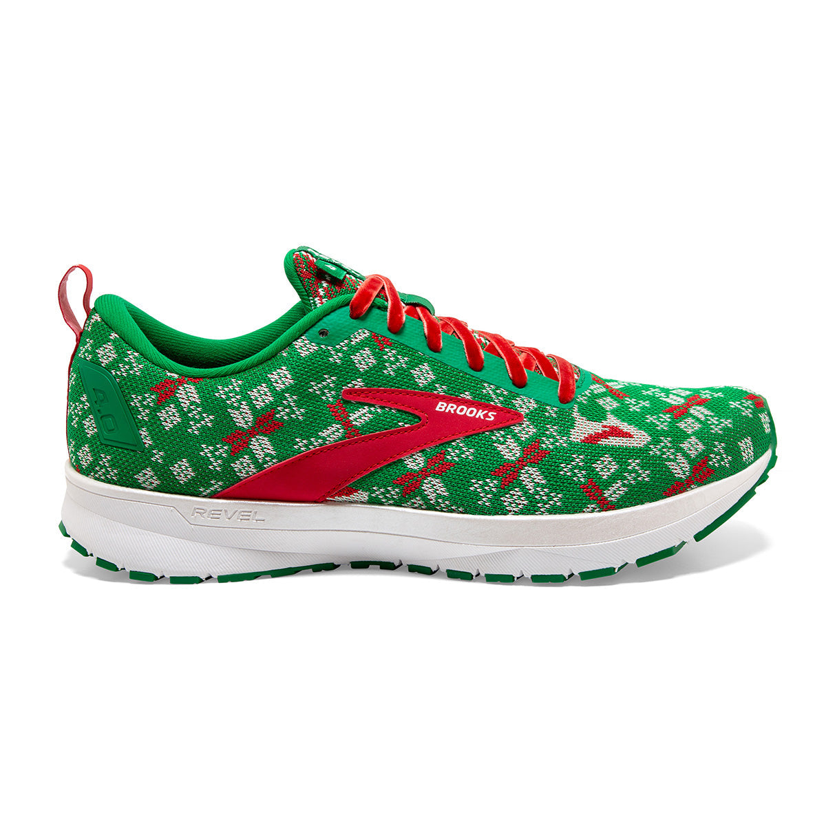 Brooks Revel 4 Run Merry — Jolly Green - Red - Bright White — Size B — Width 10.5 — Front View