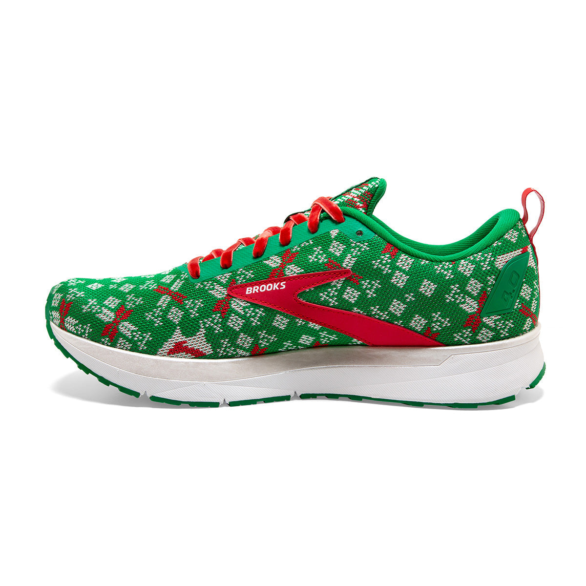 Brooks Revel 4 Run Merry — Jolly Green - Red - Bright White — Size B — Width 10.5 — Side View