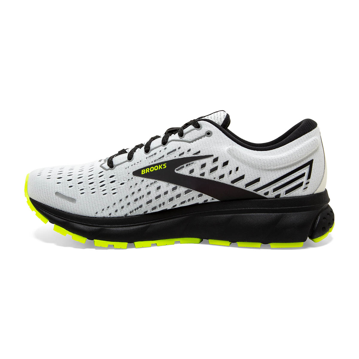 Brooks Ghost 13 Run Visible — White - Black - Nightlife — Size B — Width 10.5 — Side View