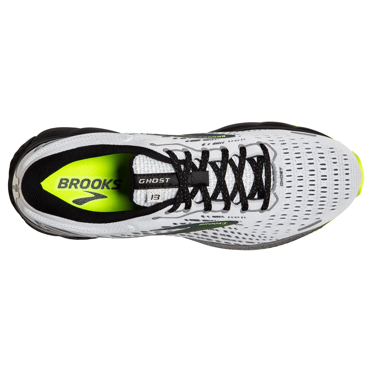 Brooks Ghost 13 Run Visible — White - Black - Nightlife — Size B — Width 10.5 — Back View