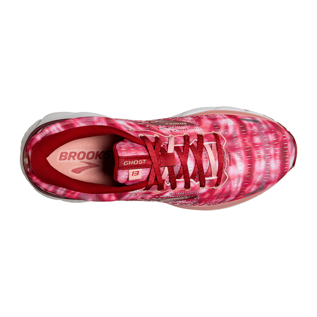 Brooks Ghost 13 Shibori — Coral - Bossa Nova - White — Size B — Width 10.5 — Back View