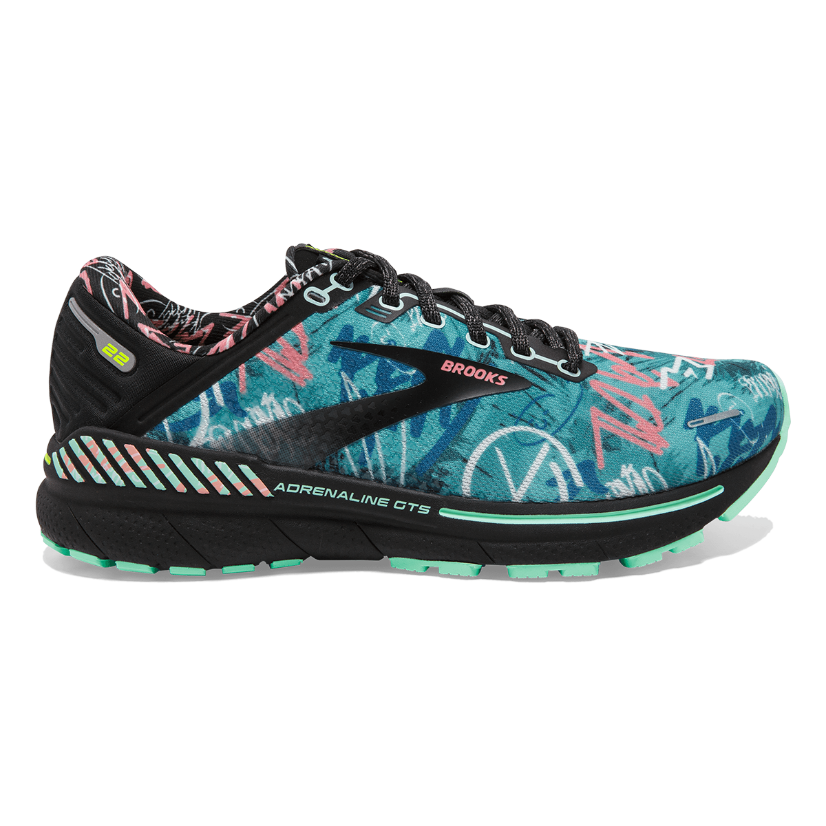 Brooks Adrenaline GTS 22 TAG — Black - Yucca - Flamingo Pink — Size B — Width 10 — Front View