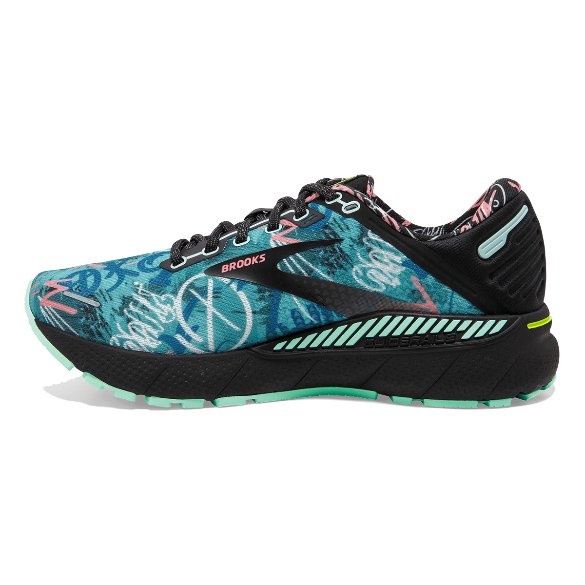 Brooks Adrenaline GTS 22 TAG — Black - Yucca - Flamingo Pink — Size B — Width 10 — Side View