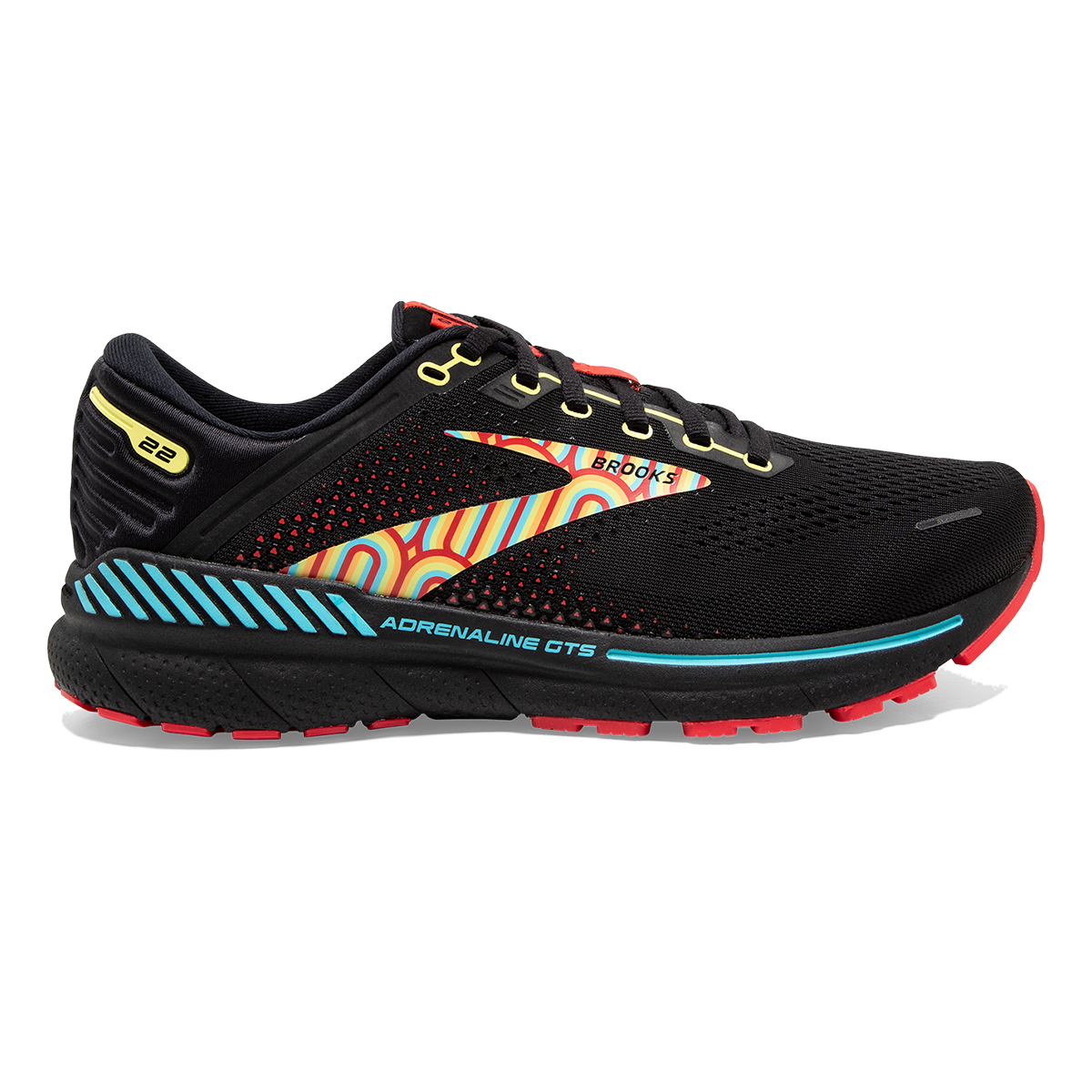 Brooks Adrenaline GTS 22 Disco — Black - Bittersweet - Limelight — Size B — Width 5 — Detail View