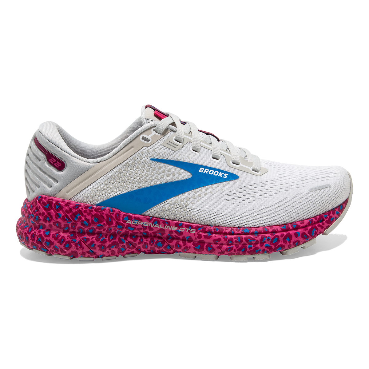 Brooks Adrenaline GTS 22 Cheetah — Magenta - White - Raspberry — Size B — Width 6 — Detail View