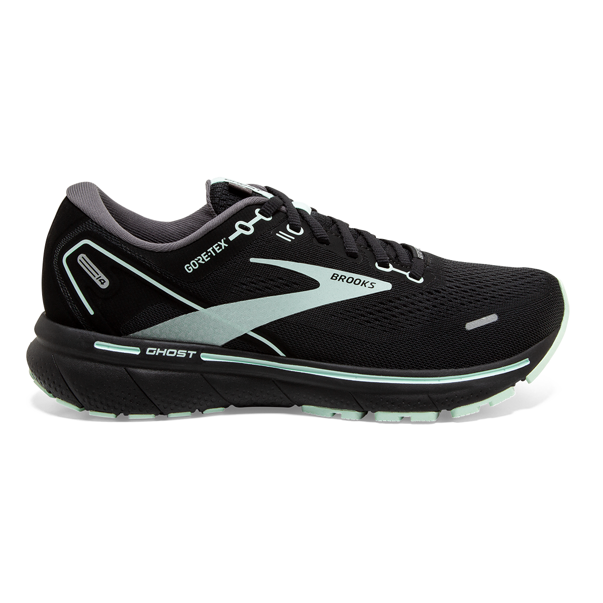 Brooks Ghost 14 GTX — Black - Blackened Pearl - Aqua Glass — Size B — Width 10.5 — Detail View