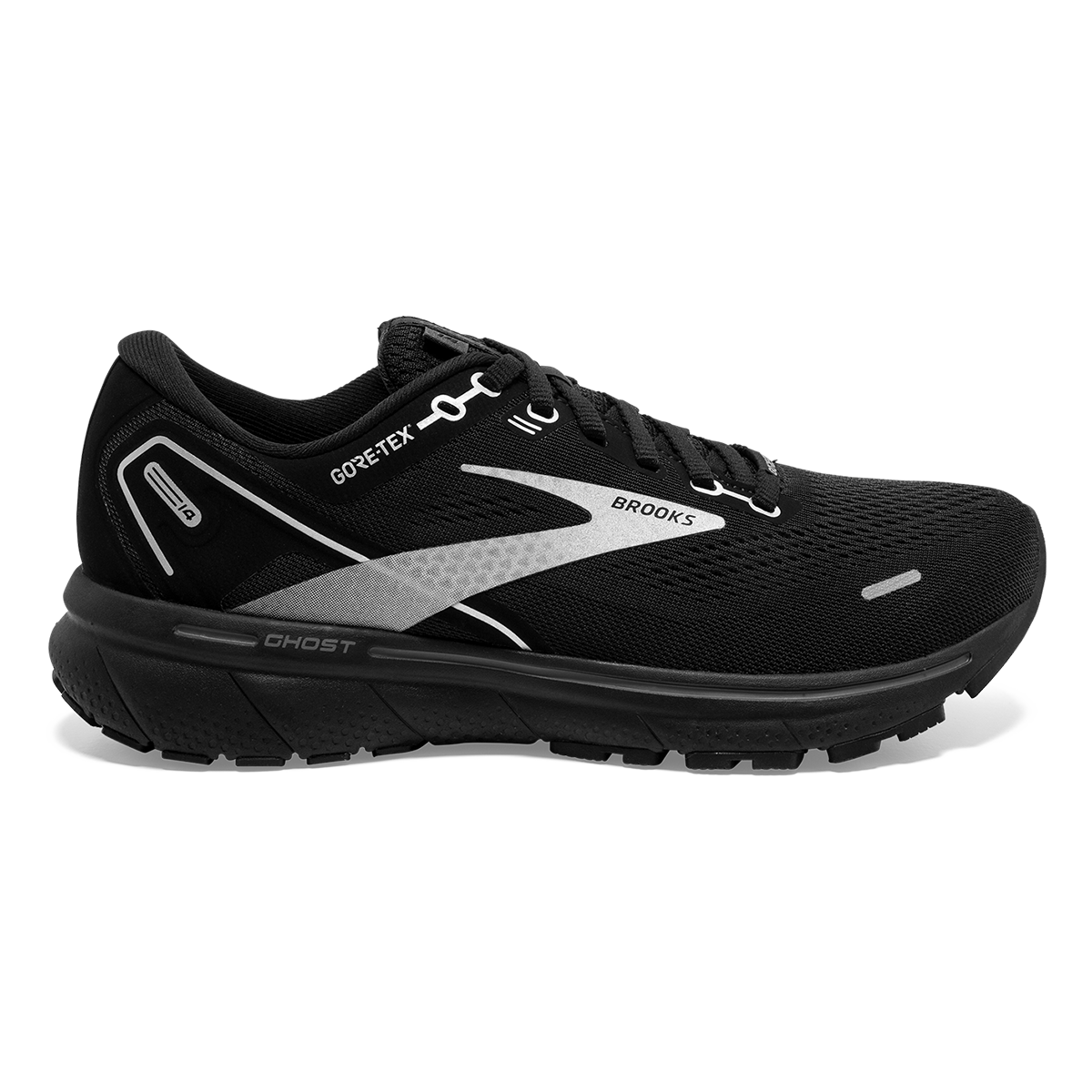 Brooks Ghost 14 GTX — Black - Blackened Pearl - Aqua Glass — Size B — Width 10.5 — Front View