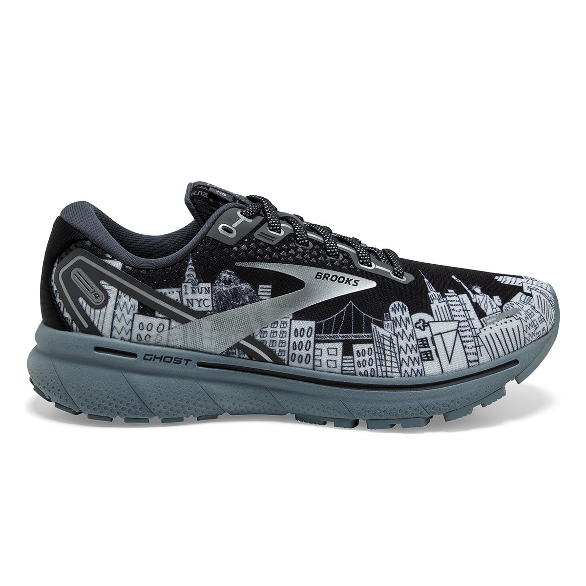 Brooks Ghost 14 NYC Marathon — Black - Ebony - Sleet — Size B — Width 10.5 — Front View