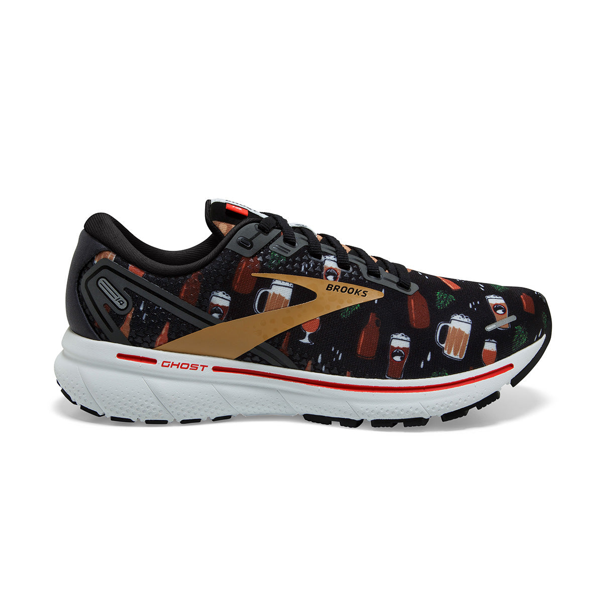 Brooks Ghost 14 Run Hoppy — Black - White - Fiery Red — Size B — Width 10.5 — Front View