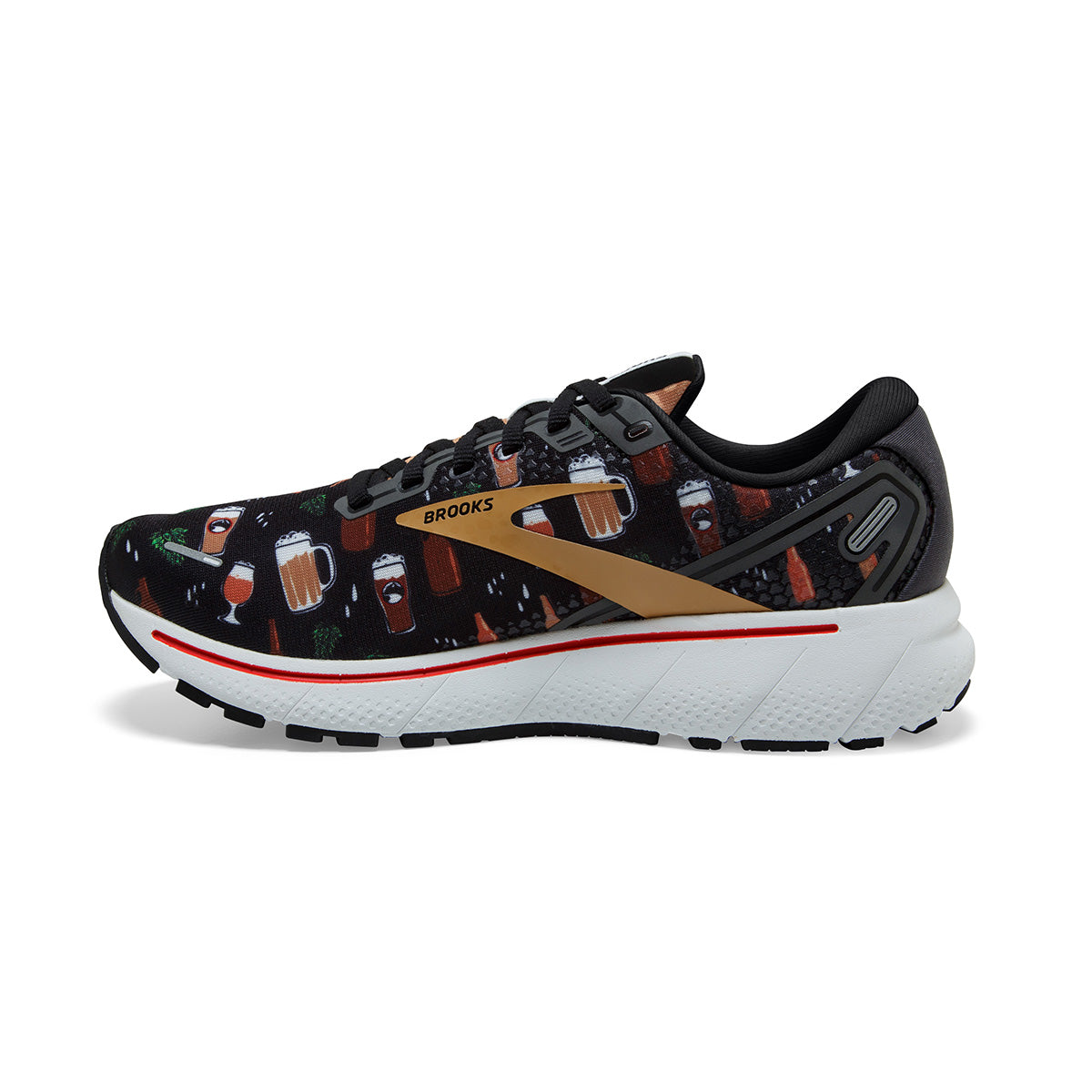 Brooks Ghost 14 Run Hoppy — Black - White - Fiery Red — Size B — Width 10.5 — Side View