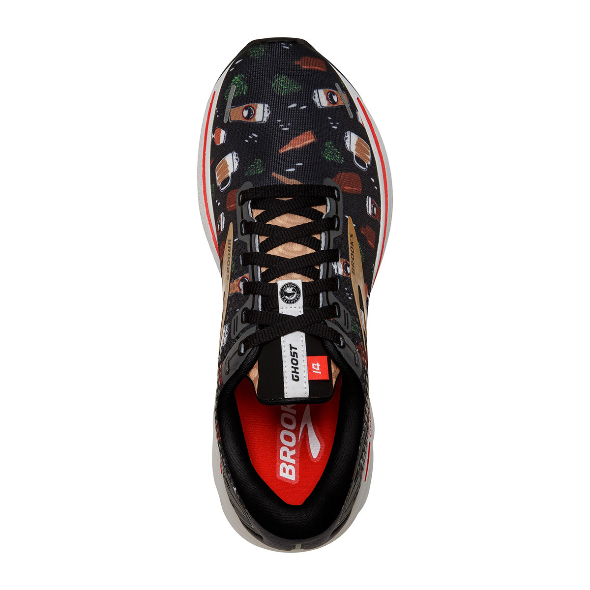Brooks Ghost 14 Run Hoppy — Black - White - Fiery Red — Size B — Width 10.5 — Back View